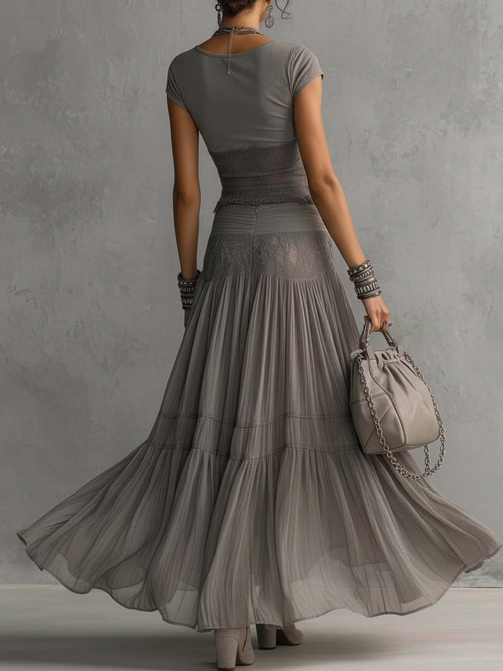 Alba - Complete with gray lace panel top and long pleated skirt
