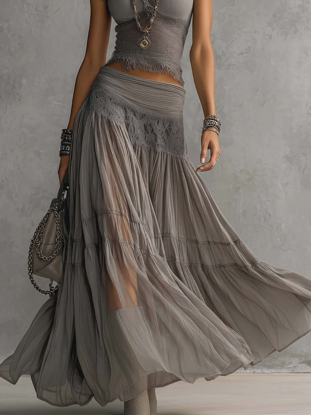 Alba - Complete with gray lace panel top and long pleated skirt