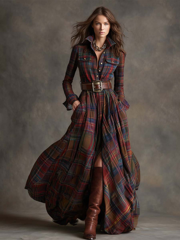 Giulia - Long plaid dress in reddish-brown with collar and retro ethnic style