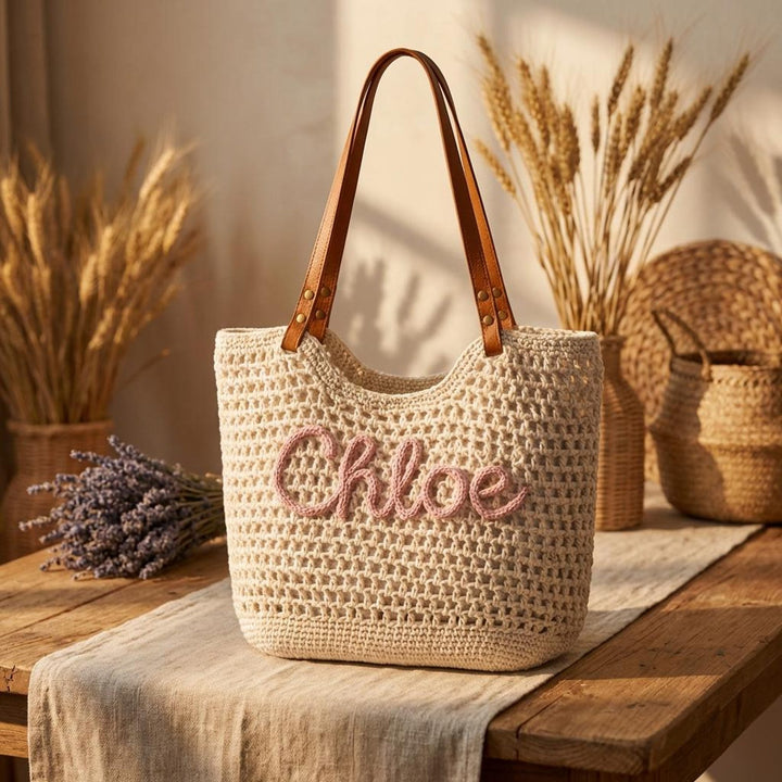 Personalized Embroidered Crochet Beach Tote – Woven Boho Summer Shoulder Bag