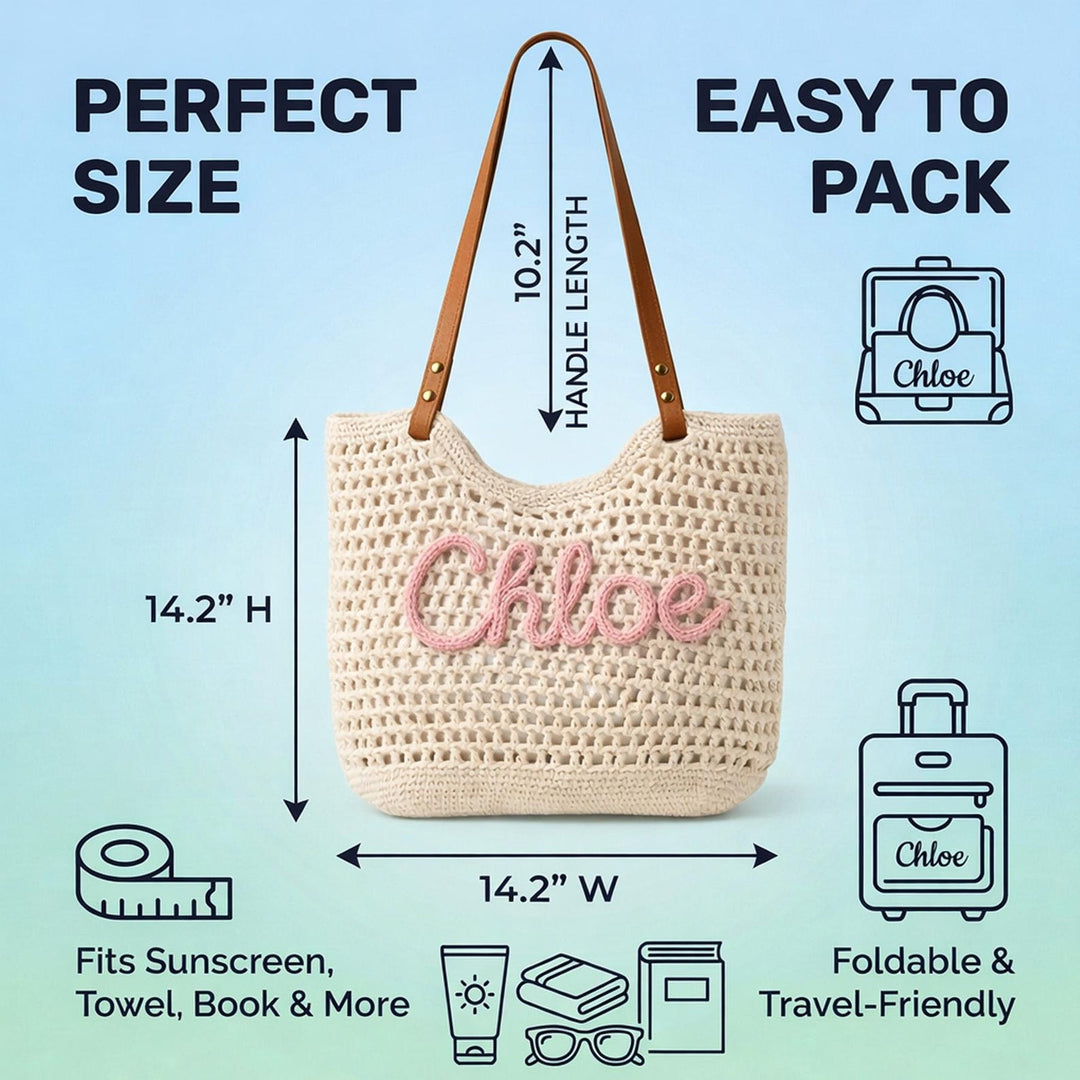 Personalized Embroidered Crochet Beach Tote – Woven Boho Summer Shoulder Bag