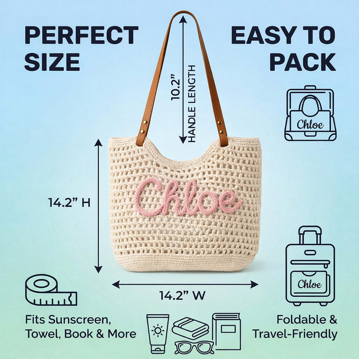Personalized Embroidered Crochet Beach Tote – Woven Boho Summer Shoulder Bag