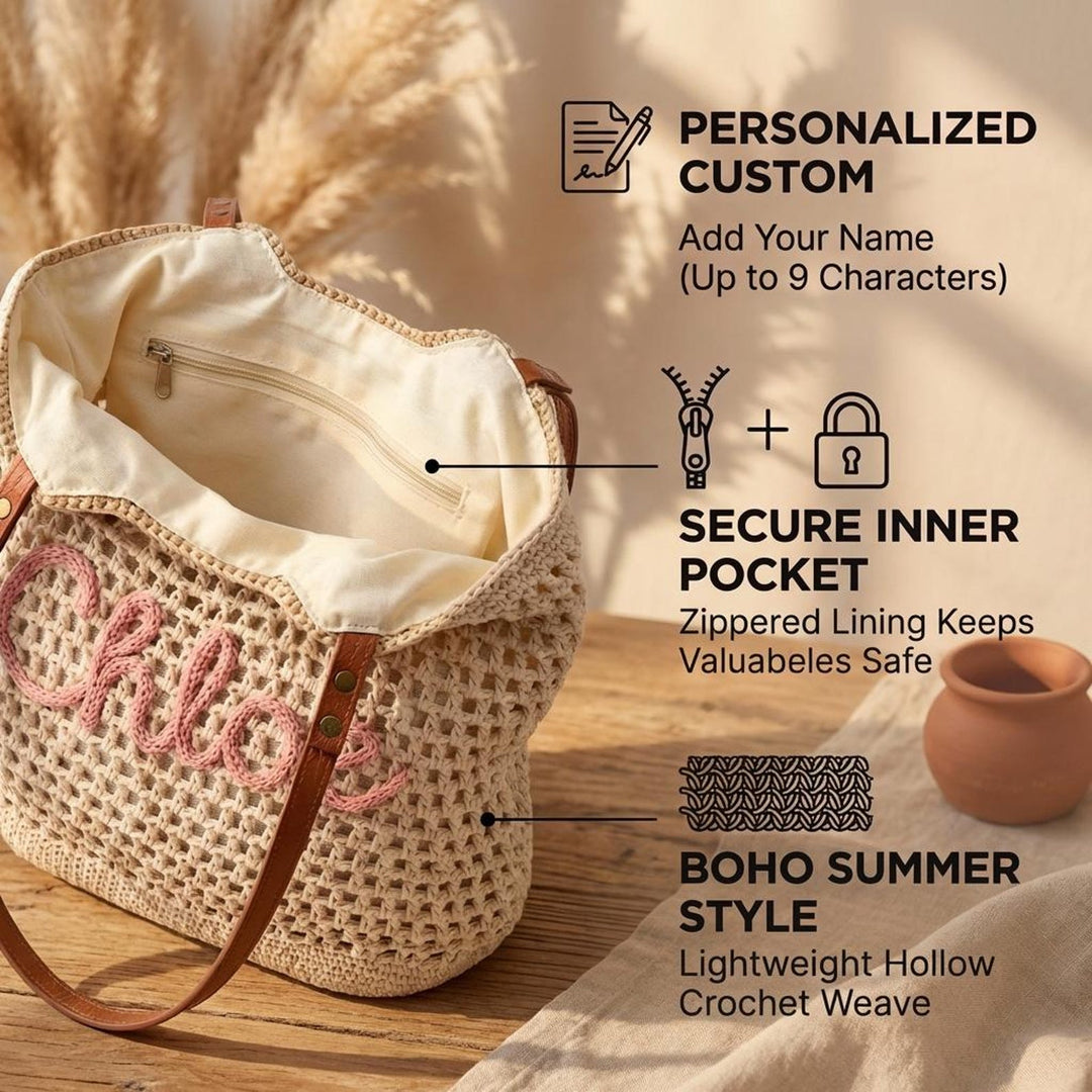 Personalized Embroidered Crochet Beach Tote – Woven Boho Summer Shoulder Bag