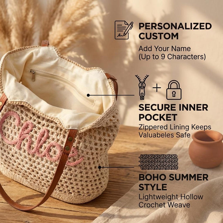 Personalized Embroidered Crochet Beach Tote – Woven Boho Summer Shoulder Bag