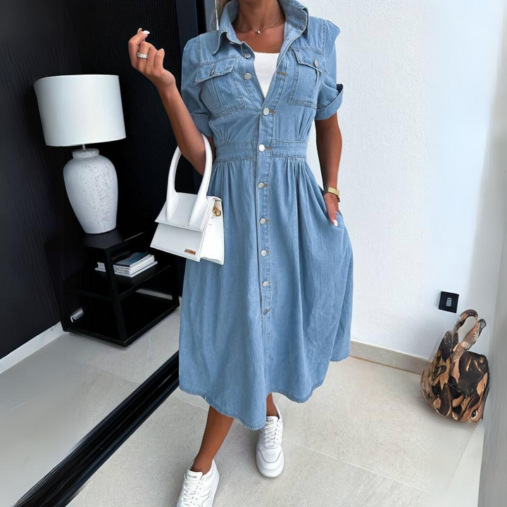 Jade | Women's Denim Button-Up Midi Dress Short Sleeve
