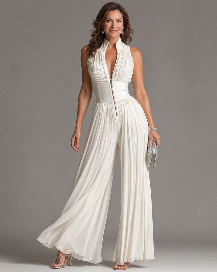 Pleated Halter Neck Wide Leg Jumpsuit