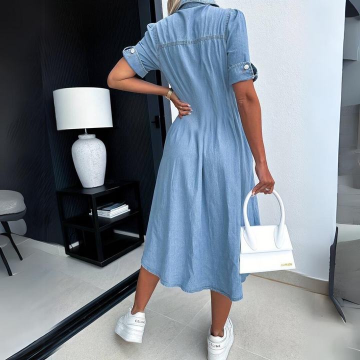 Jade | Women's Denim Button-Up Midi Dress Short Sleeve