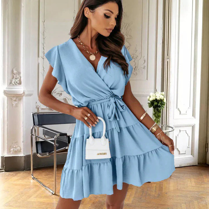 Blossom | Women's Wrap Mini Dress Flutter Sleeve Ruffle Belted
