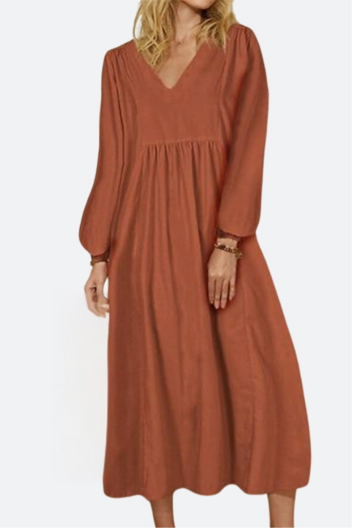 Autumn | Women's V-Neck Smocked Waist Midi Dress with Balloon Sleeves
