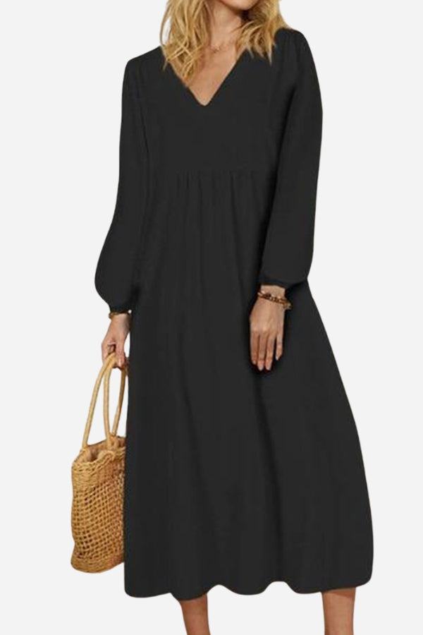 Autumn | Women's V-Neck Smocked Waist Midi Dress with Balloon Sleeves