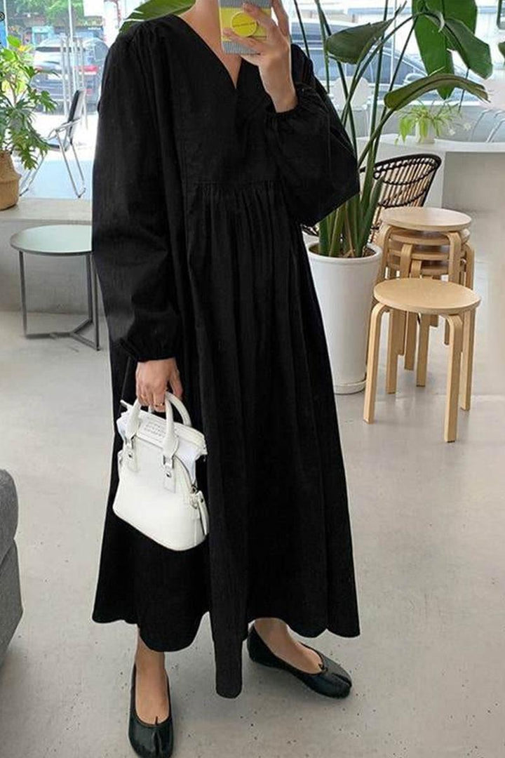 Autumn | Women's V-Neck Smocked Waist Midi Dress with Balloon Sleeves