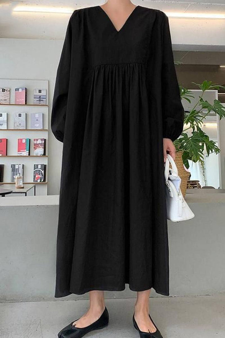 Autumn | Women's V-Neck Smocked Waist Midi Dress with Balloon Sleeves