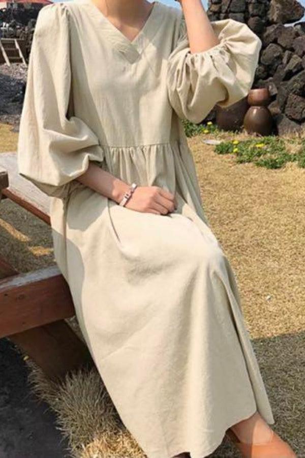 Autumn | Women's V-Neck Smocked Waist Midi Dress with Balloon Sleeves