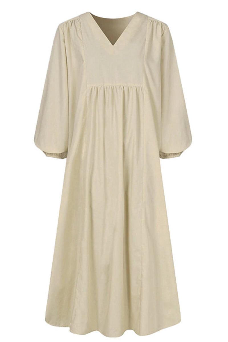 Autumn | Women's V-Neck Smocked Waist Midi Dress with Balloon Sleeves