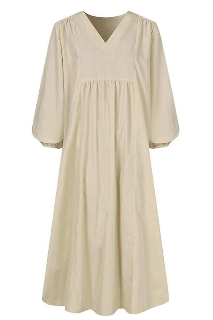 Autumn | Women's V-Neck Smocked Waist Midi Dress with Balloon Sleeves