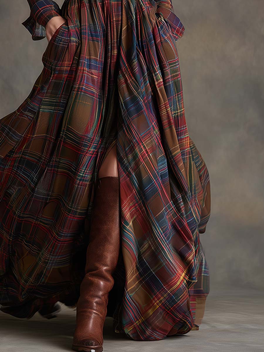 Giulia - Long plaid dress in reddish-brown with collar and retro ethnic style