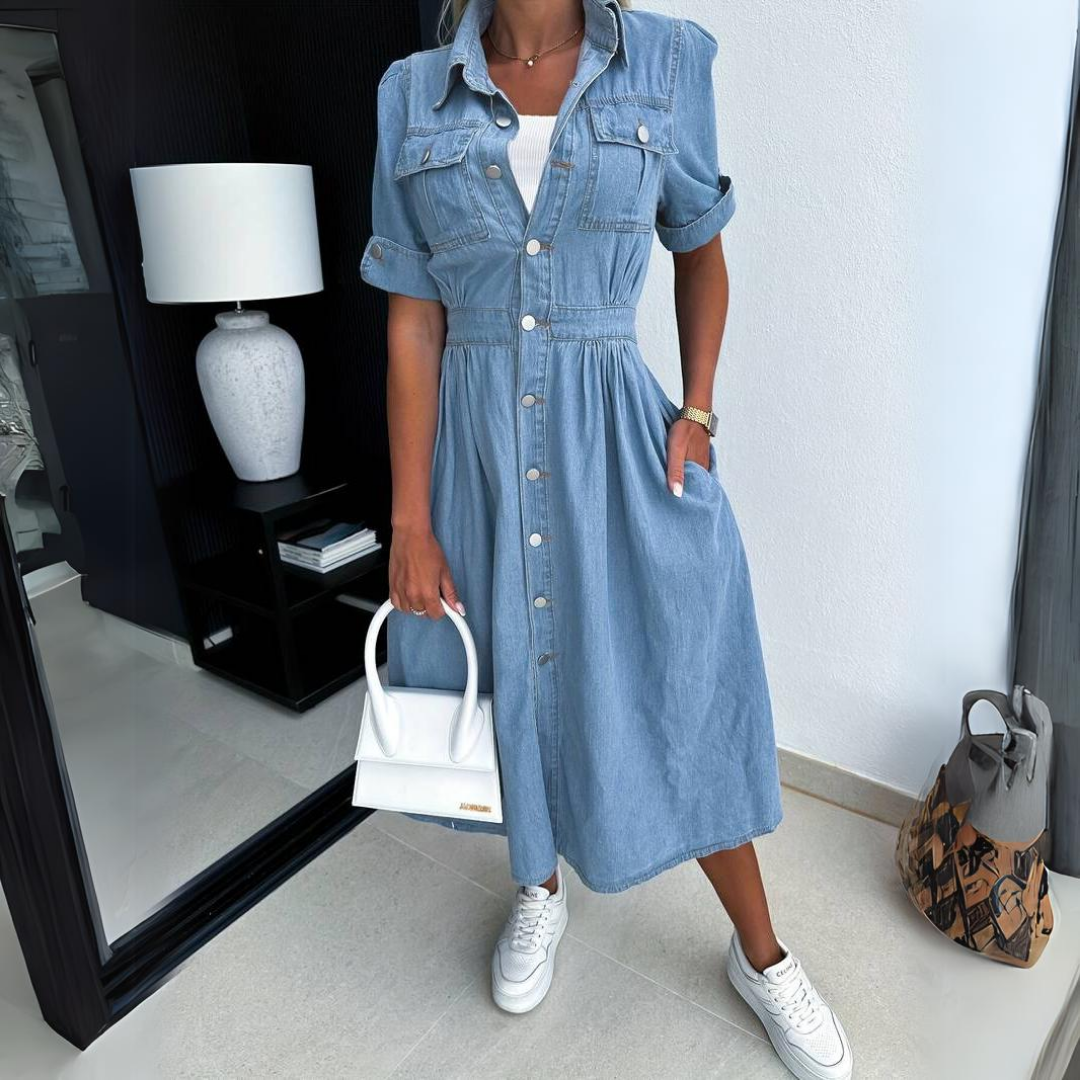 Jade | Women's Denim Button-Up Midi Dress Short Sleeve