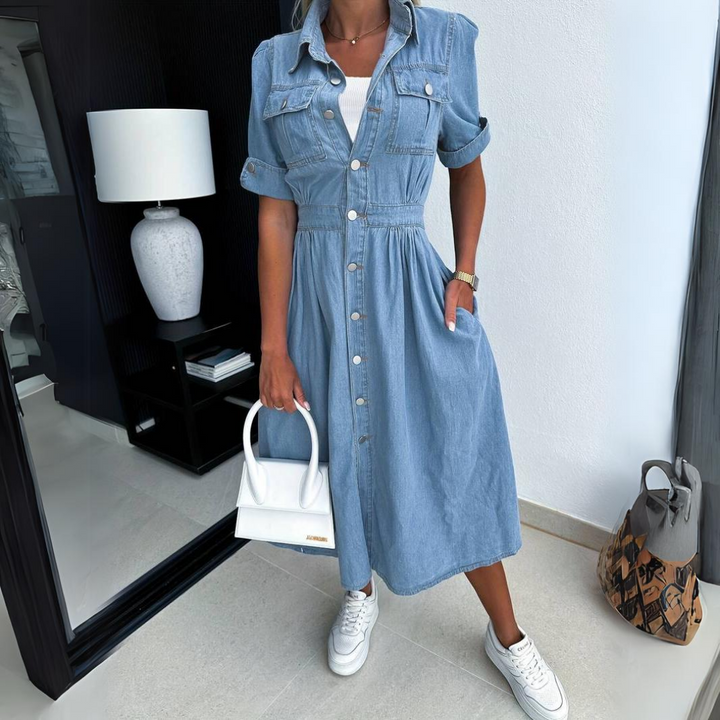 Jade | Women's Denim Button-Up Midi Dress Short Sleeve
