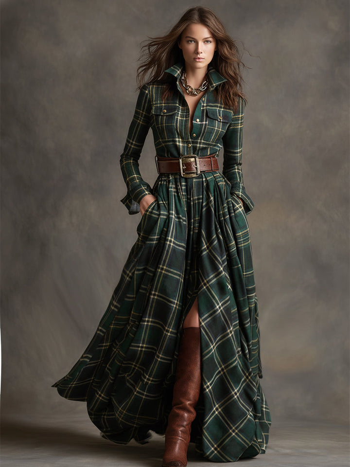 Giulia - Long plaid dress in reddish-brown with collar and retro ethnic style