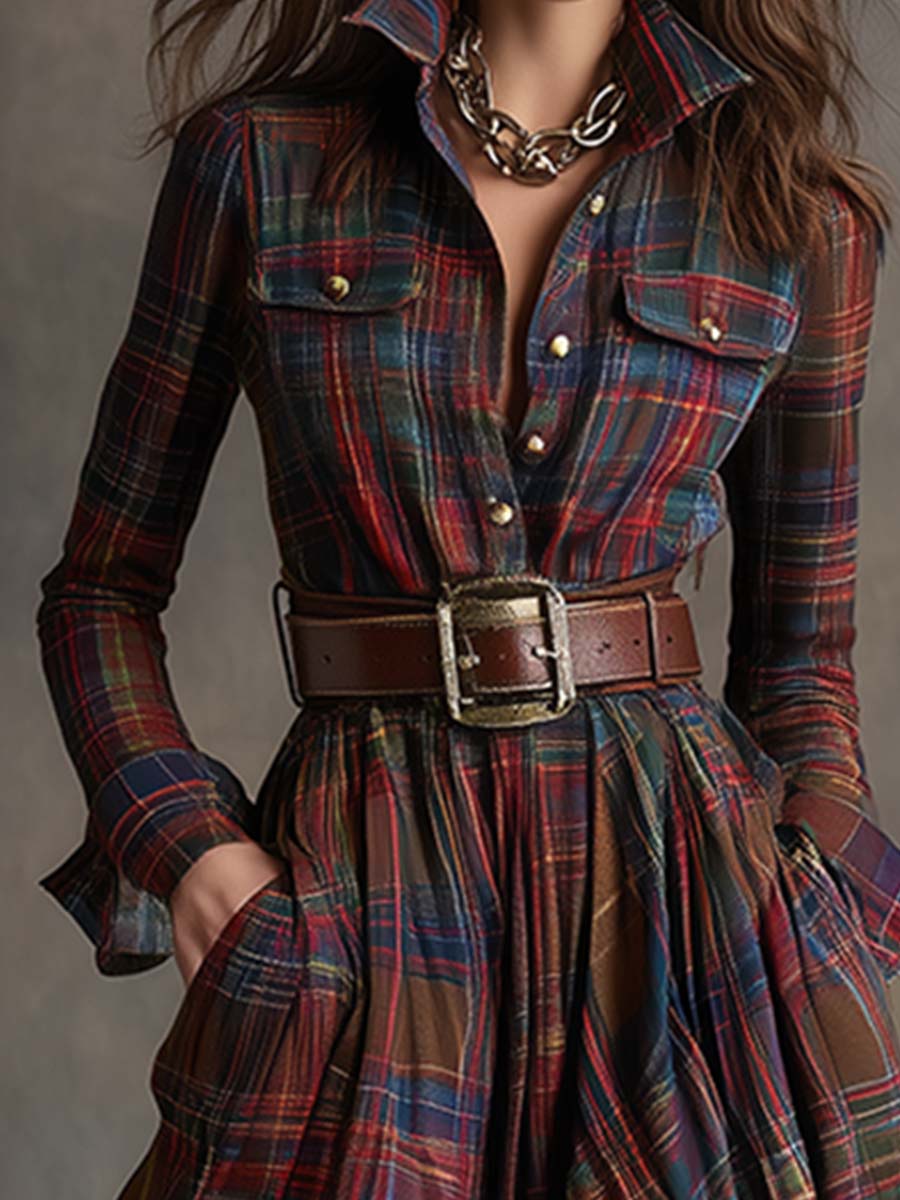 Giulia - Long plaid dress in reddish-brown with collar and retro ethnic style