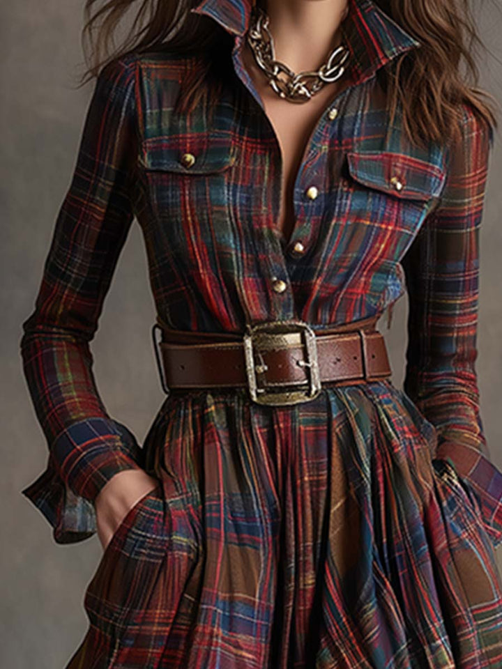 Giulia - Long plaid dress in reddish-brown with collar and retro ethnic style