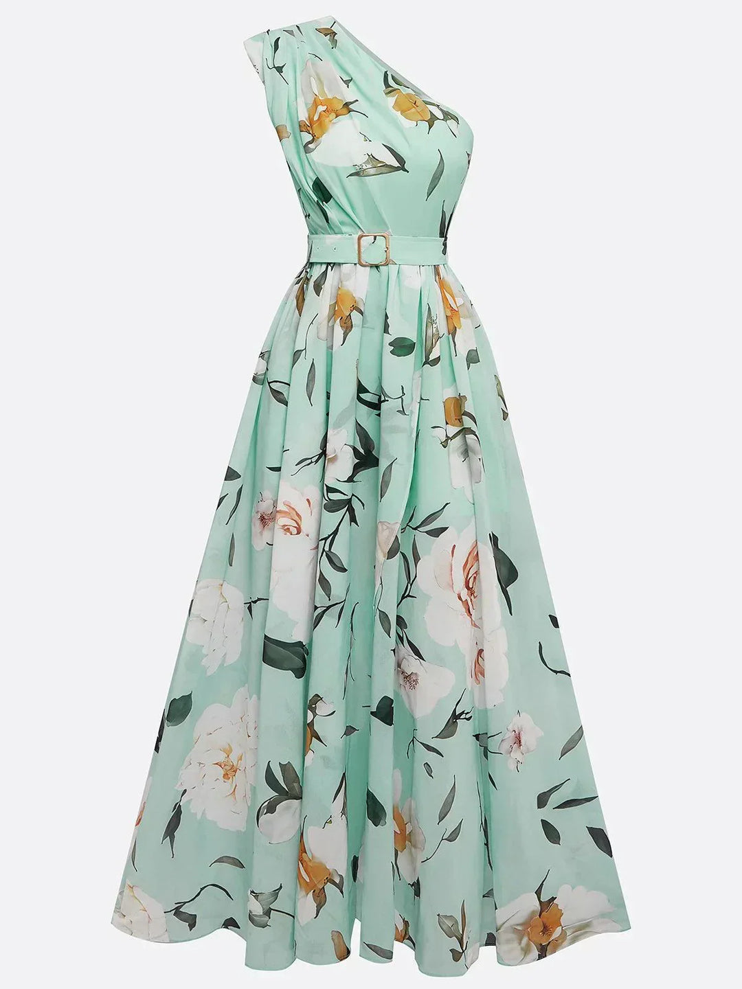 Julie | Light Green Floral Chiffon One-Shoulder Maxi Dress