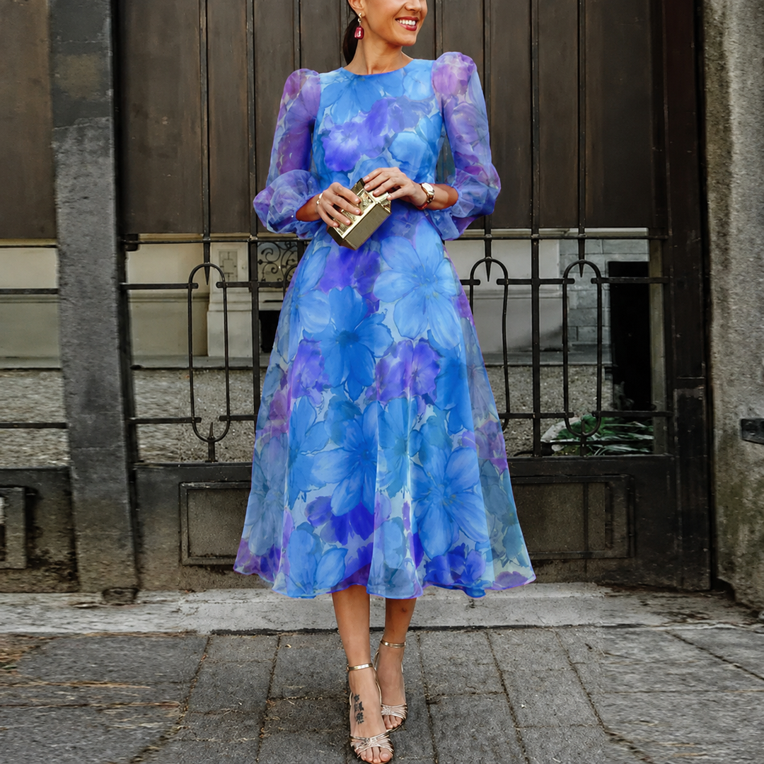 Rosalie | Women's Floral Chiffon Midi Dress Long Sleeve Wedding Guest