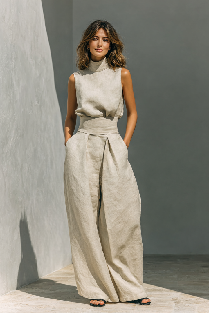 Maria - Complete with tank top and wide-leg cotton and linen minimalist outfit for women