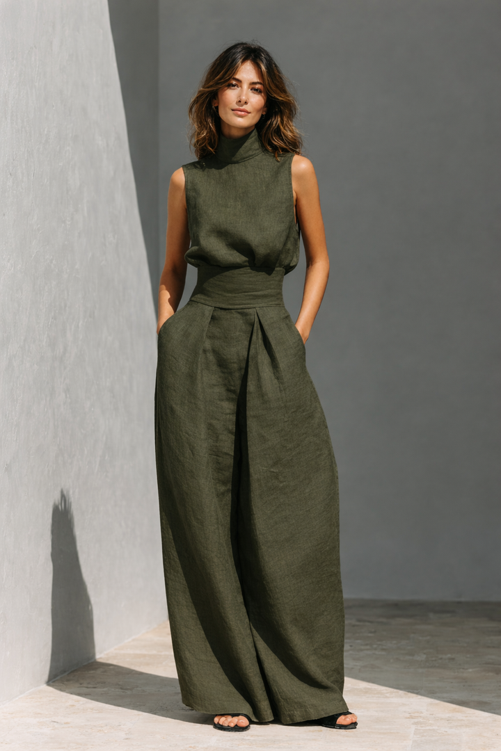 Maria - Complete with tank top and wide-leg cotton and linen minimalist outfit for women