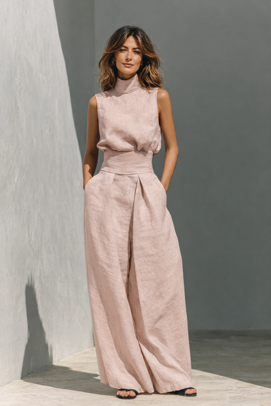 Maria - Complete with tank top and wide-leg cotton and linen minimalist outfit for women