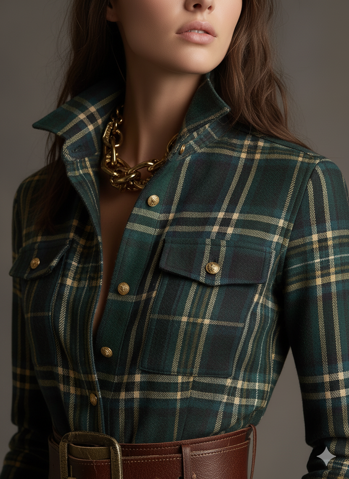 Giulia - Long plaid dress in reddish-brown with collar and retro ethnic style