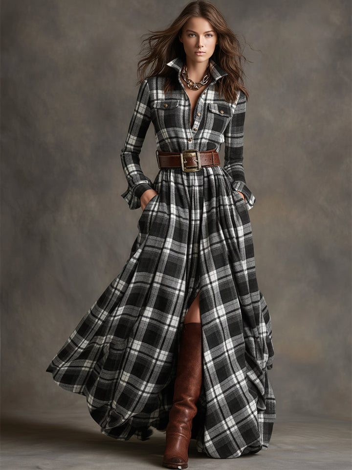 Giulia - Long plaid dress in reddish-brown with collar and retro ethnic style