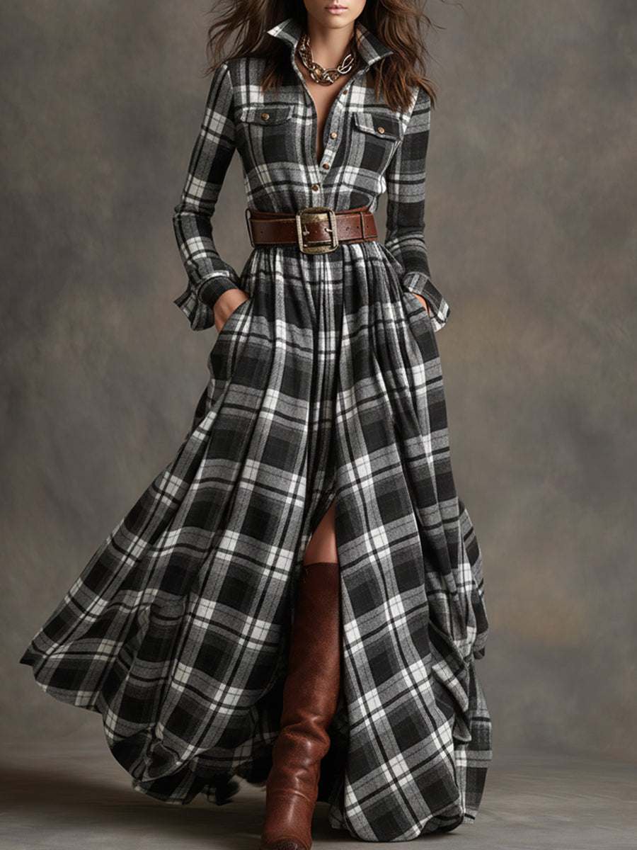 Giulia - Long plaid dress in reddish-brown with collar and retro ethnic style