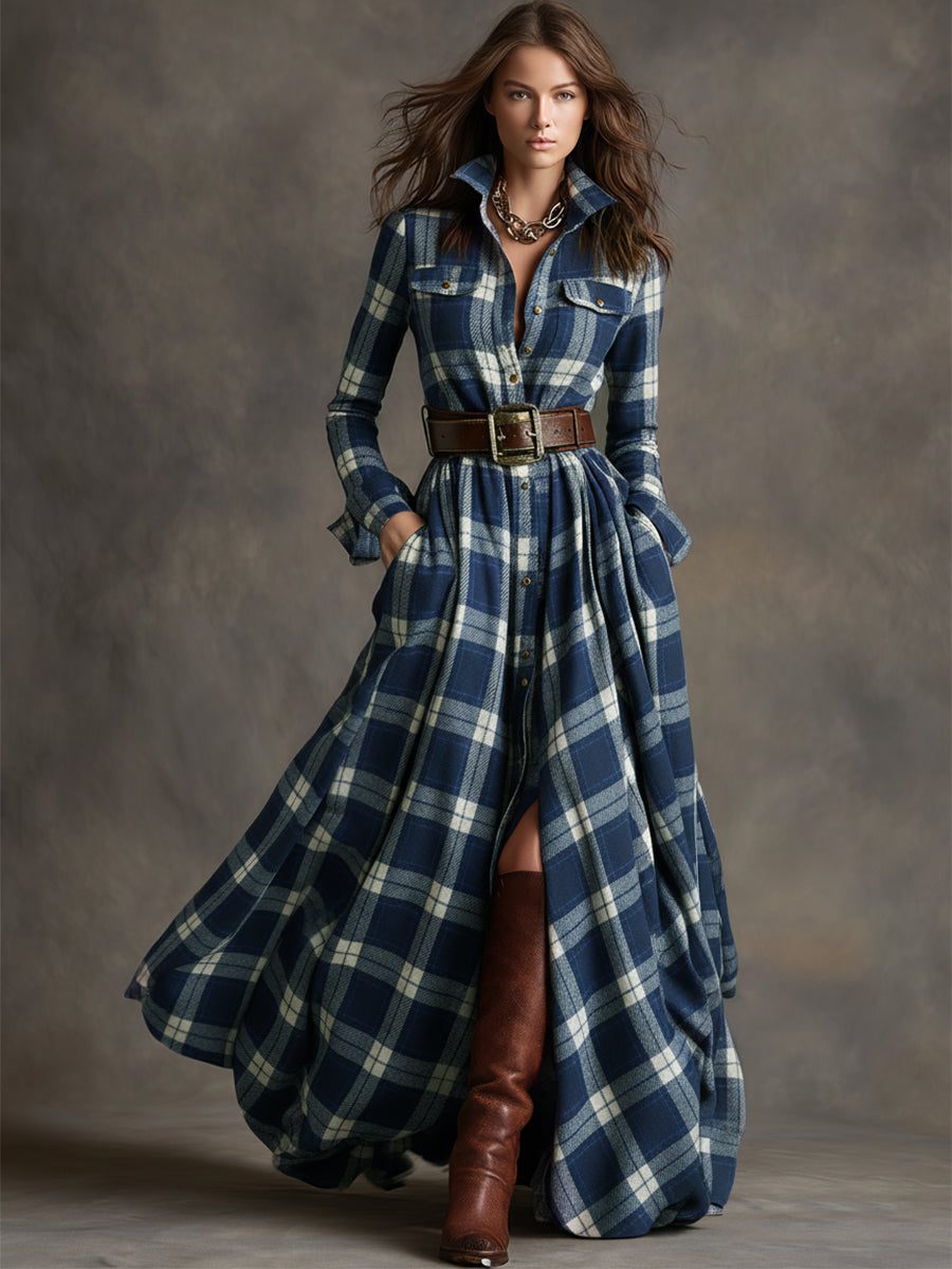 Giulia - Long plaid dress in reddish-brown with collar and retro ethnic style