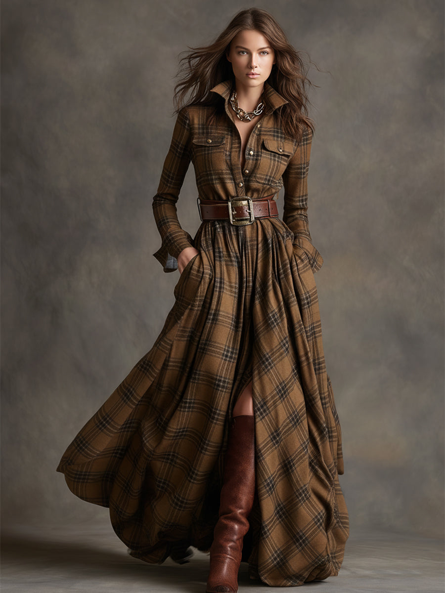 Giulia - Long plaid dress in reddish-brown with collar and retro ethnic style