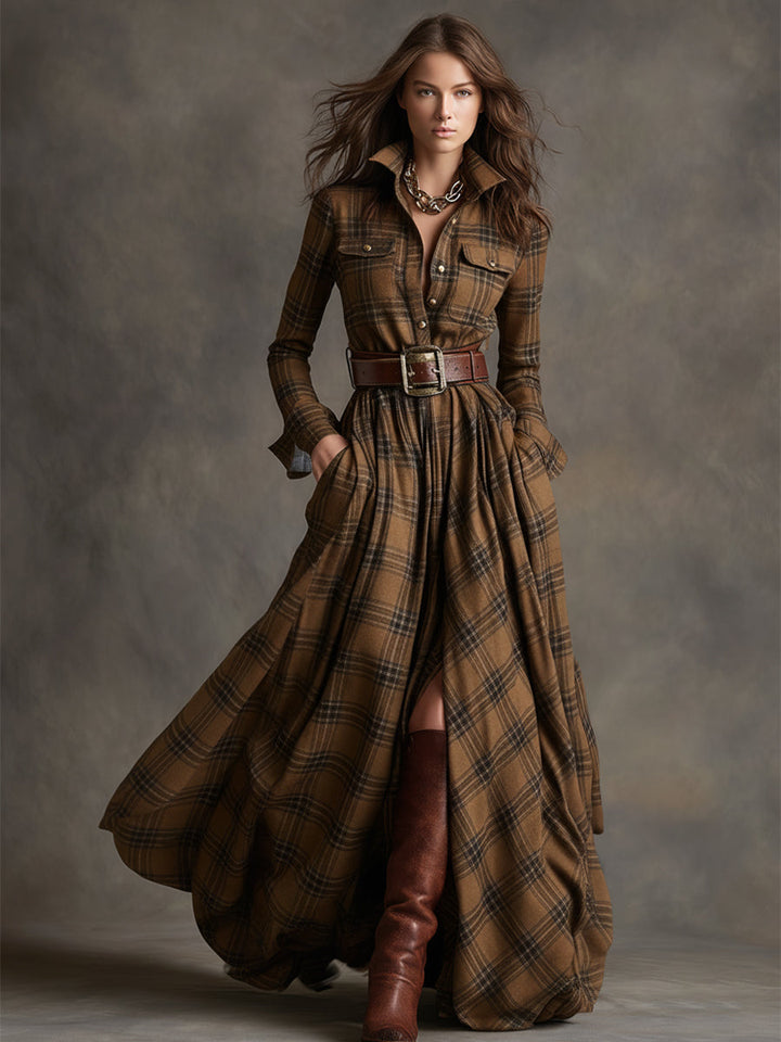 Giulia - Long plaid dress in reddish-brown with collar and retro ethnic style