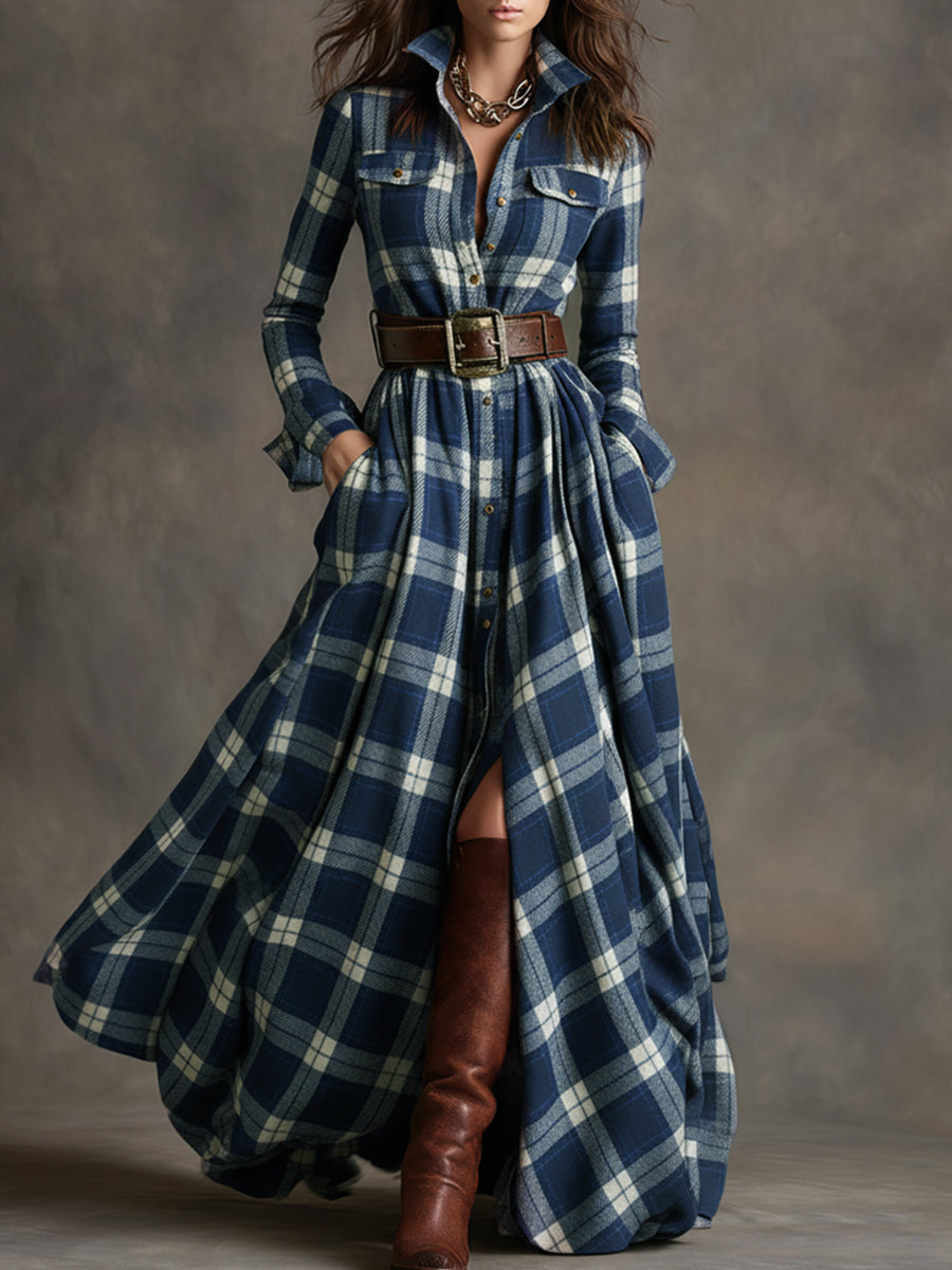 Giulia - Long plaid dress in reddish-brown with collar and retro ethnic style