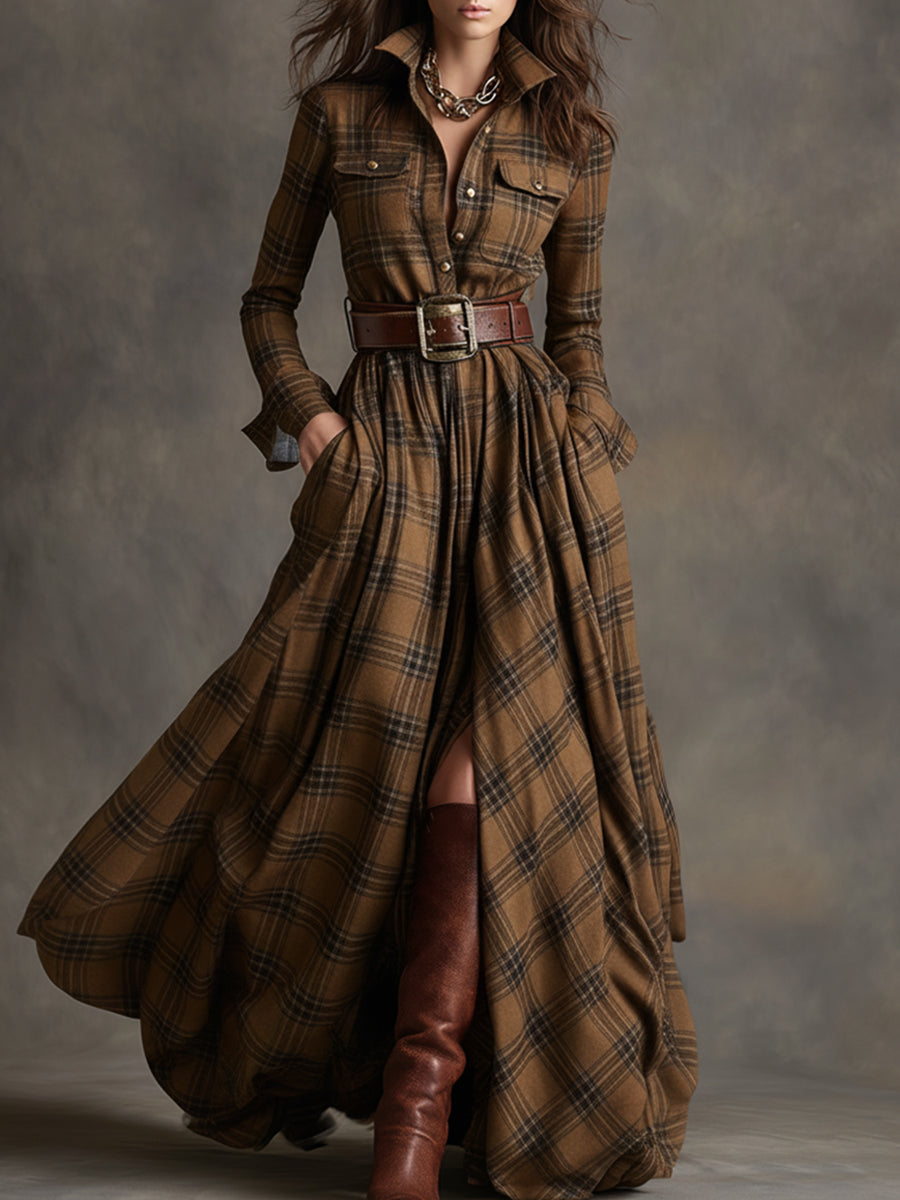 Giulia - Long plaid dress in reddish-brown with collar and retro ethnic style