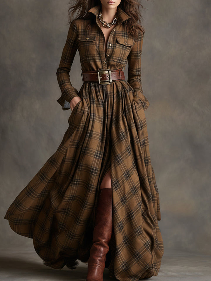 Giulia - Long plaid dress in reddish-brown with collar and retro ethnic style