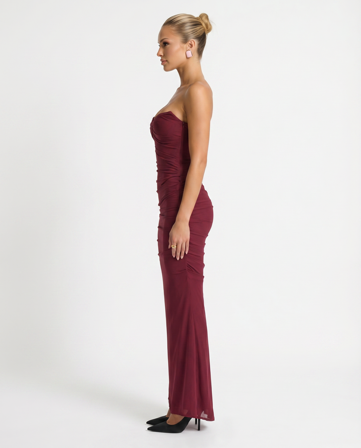 Mariska | Maxi Dress with Ruched Mesh and Fluted Hem