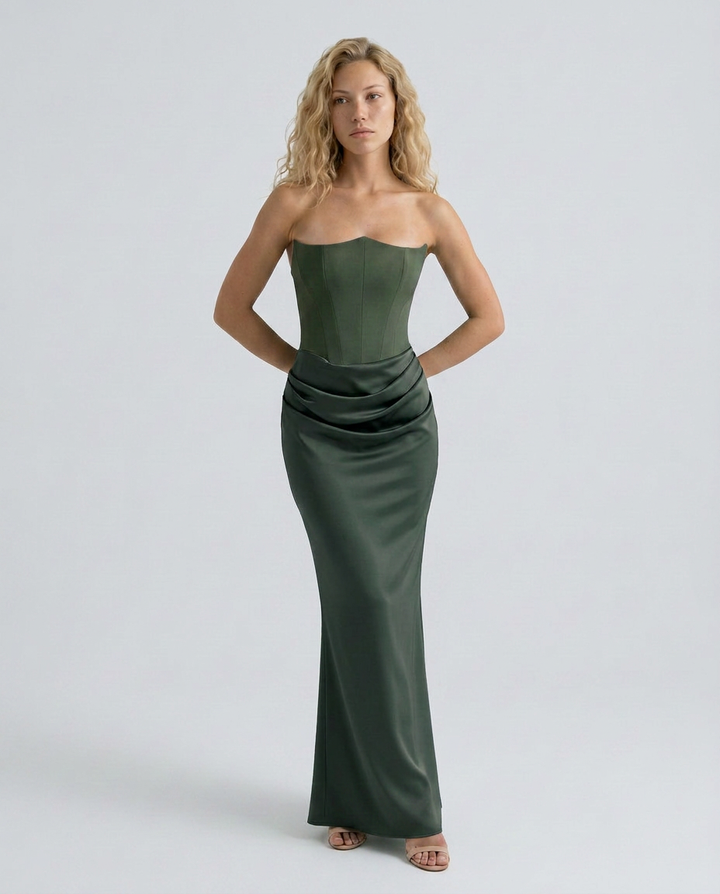 Cleo | Strapless Corset Maxi Dress with Draped Skirt