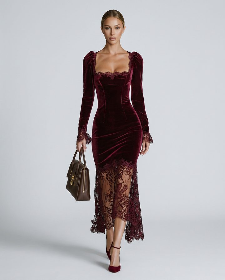 Winnie | Velvet Lace Fitted Maxi Dress with Long Sleeves
