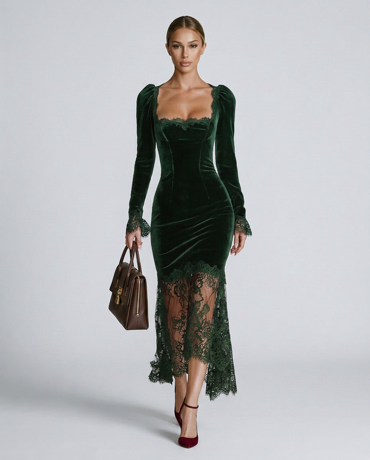 Winnie | Velvet Lace Fitted Maxi Dress with Long Sleeves