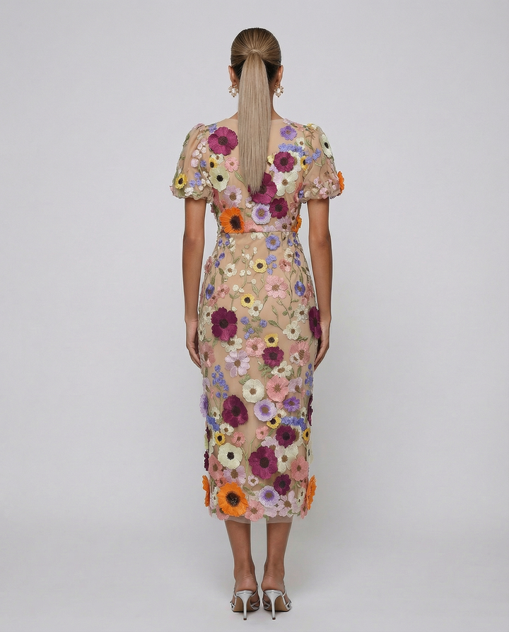 Bernice | V Neck Floral Embroidered Midi Dress