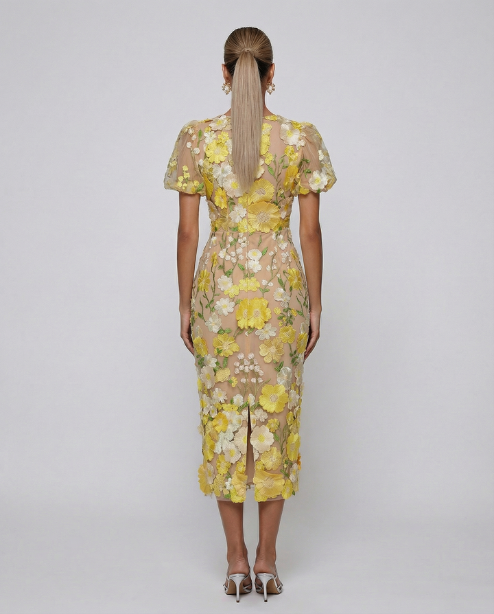 Bernice | V Neck Floral Embroidered Midi Dress