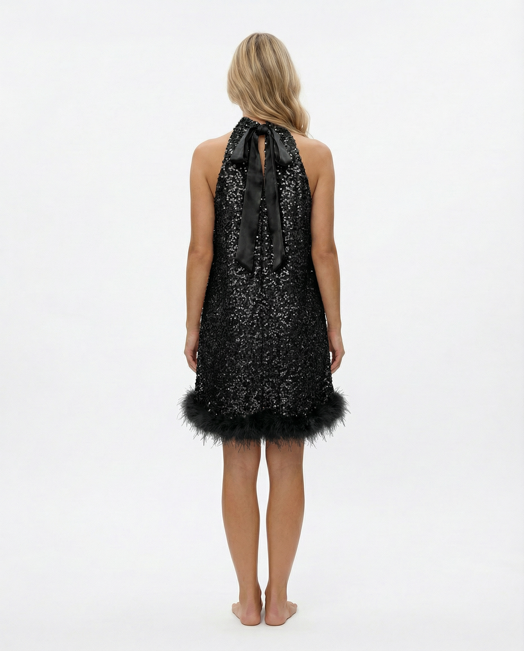 Pearl | Sequin Halter Mini Dress with Feather Hem