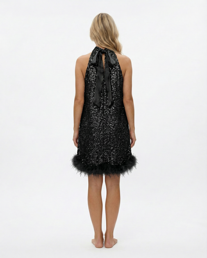 Pearl | Sequin Halter Mini Dress with Feather Hem