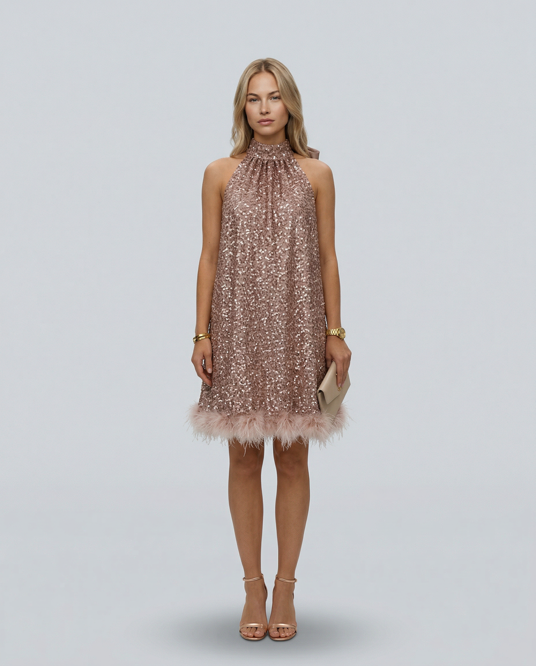 Pearl | Sequin Halter Mini Dress with Feather Hem