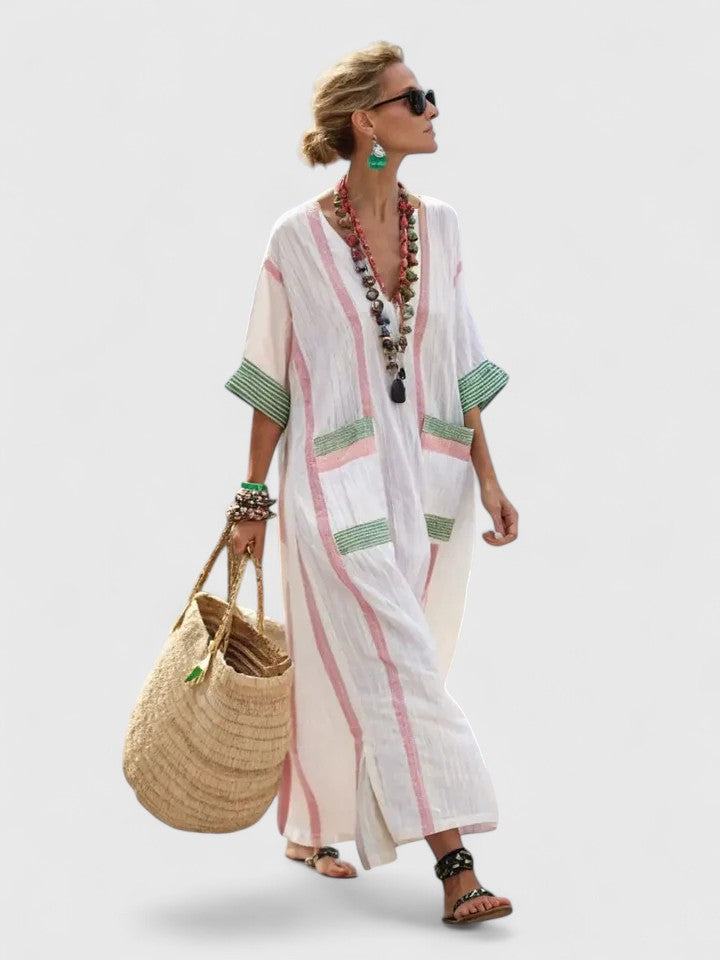 Serena | Women's V-Neck Kaftan Maxi Dress with Stripe Detail