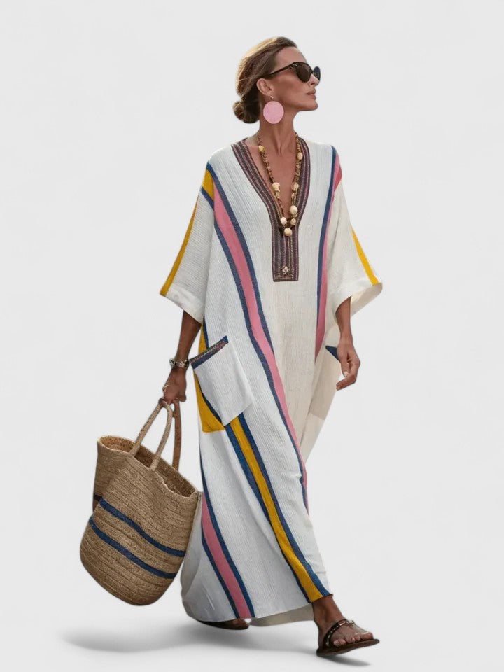 Serena | Women's V-Neck Kaftan Maxi Dress with Stripe Detail